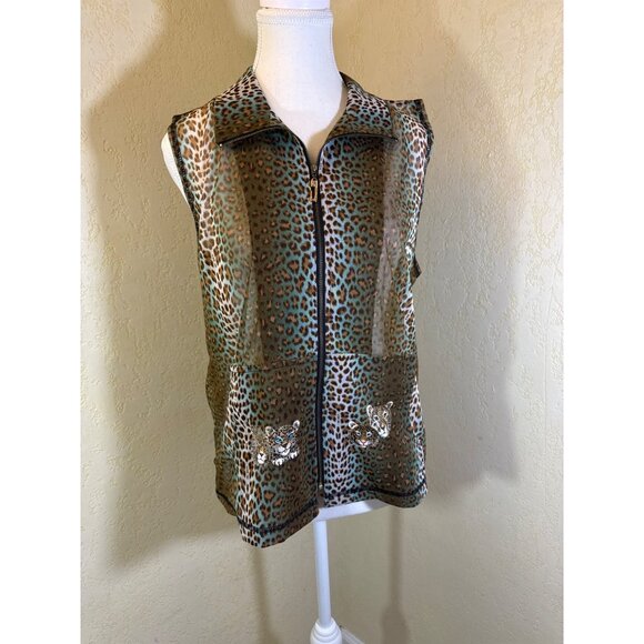 Leopard Print Sleeveless Zip-Up Mesh Blouse W/ Embroidered Cats - Picture 1 of 7